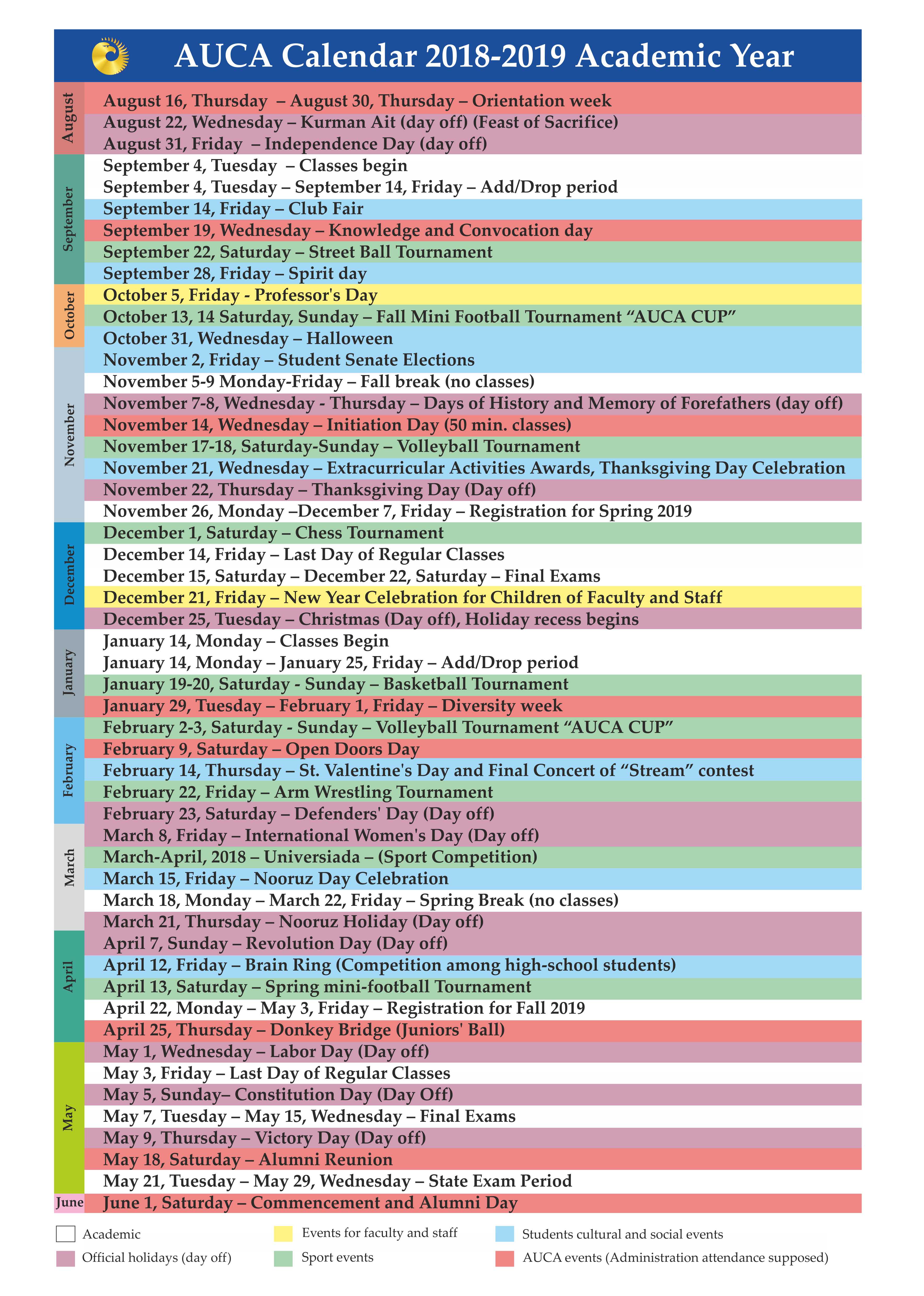 american university of central asia auca auca calendar academic year calendars